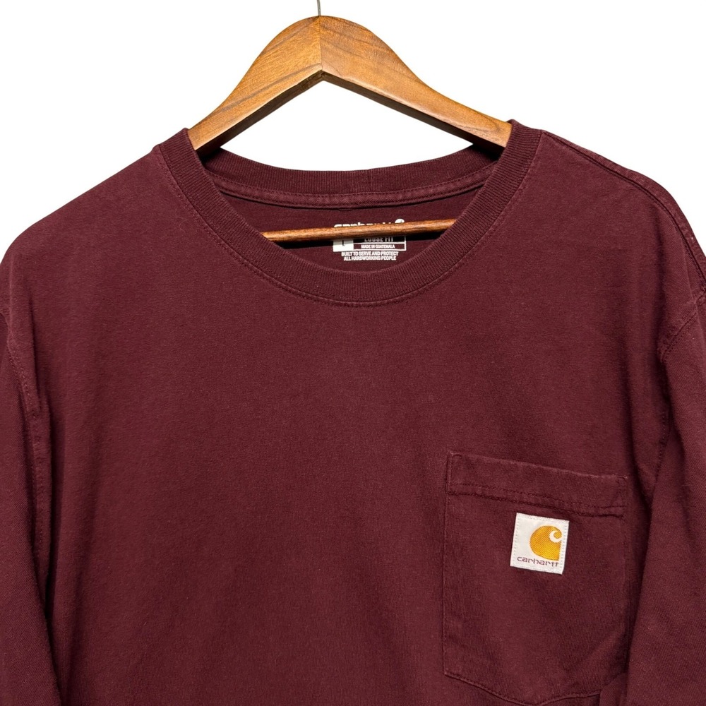 Carhartt Mens T-Shirt  Sz L Loose Fit Long Sleeve‎ Pocket Burgundy K126 Workwear